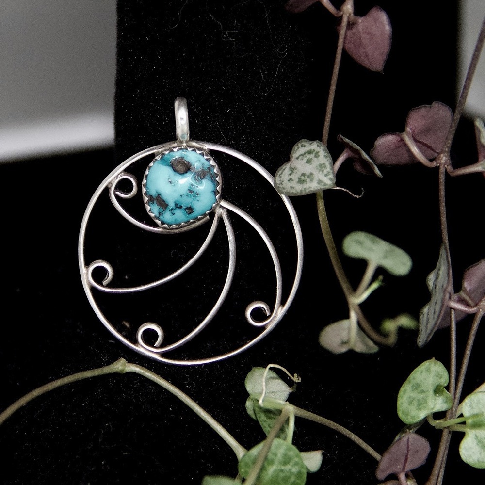 Vintage Sterling Silver Turquoise Swirl Circular Pendant Artisan Southwestern